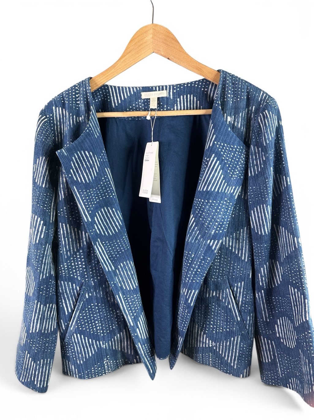 Nwt Eileen Fisher Blue Patterned Open-Front Blazer Lined L